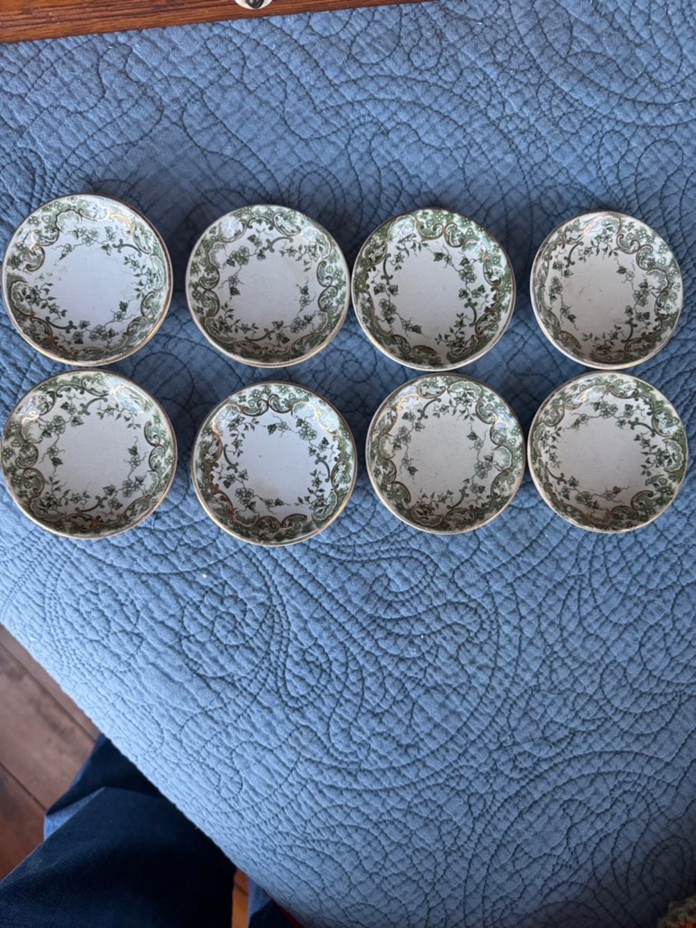 Set of 8 RechercPorcelain Butter Pat Plateswith Green Vine Pattern and Gold Trim